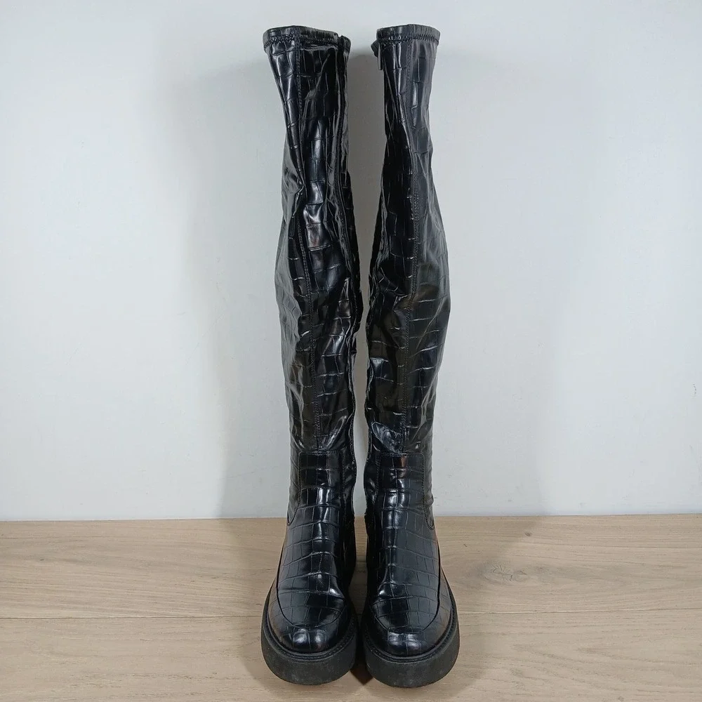Franco Sarto Janna Boots Womens 6 Black Croc Platform Over The Knee High Gothic